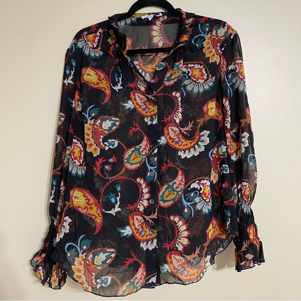 Chico's Semi Sheer Button Up Paisley‎ Print Top size 18